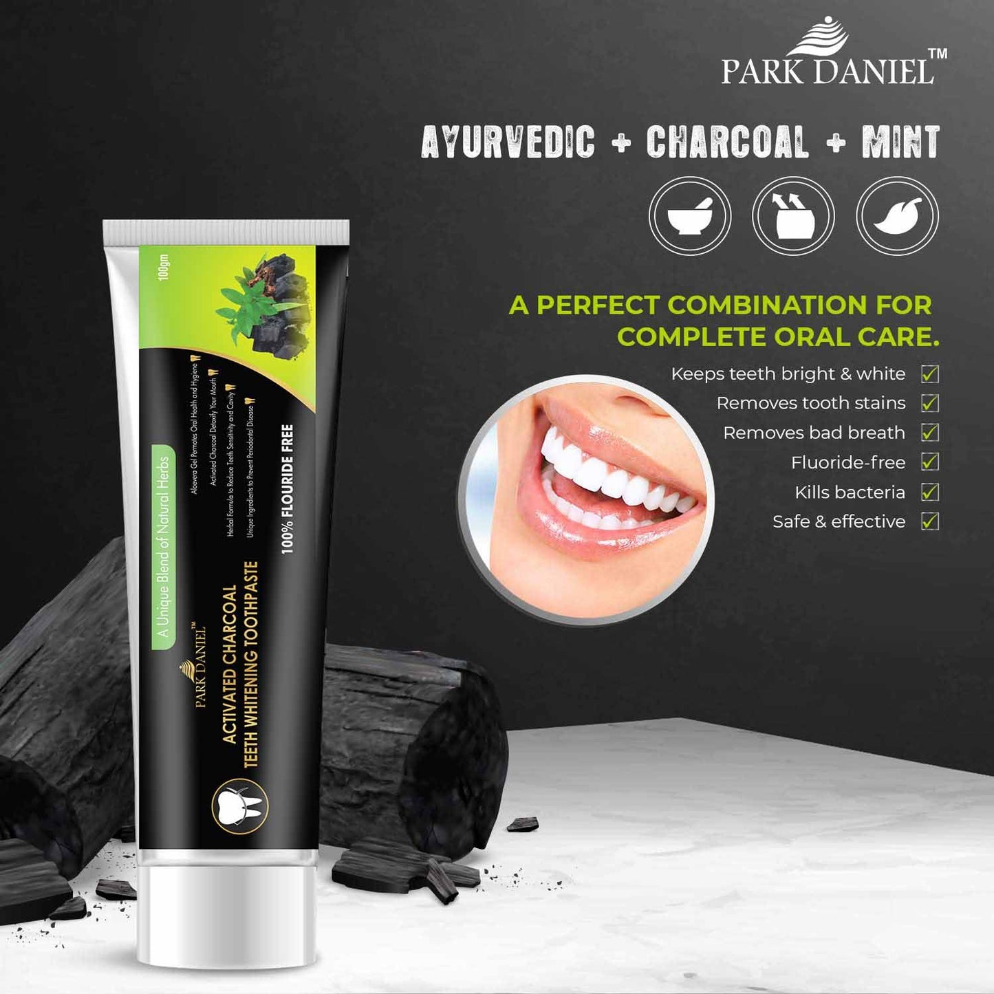 Park Daniel Natural Bamboo Wooden ECO Friendly Charcoal Toothbrush with Soft Medium Bristles(01 Pc.) &Activated Charcoal Teeth Whitening Toothpaste (100gm) & Activated Charcoal Tooth Powder 50gms